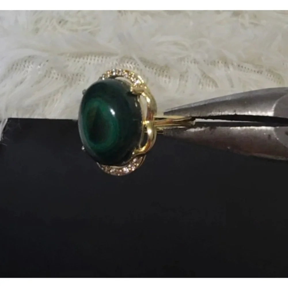 New Malachite Cabochon White‎ Rhinestone Statement Ring Sz Adjustable